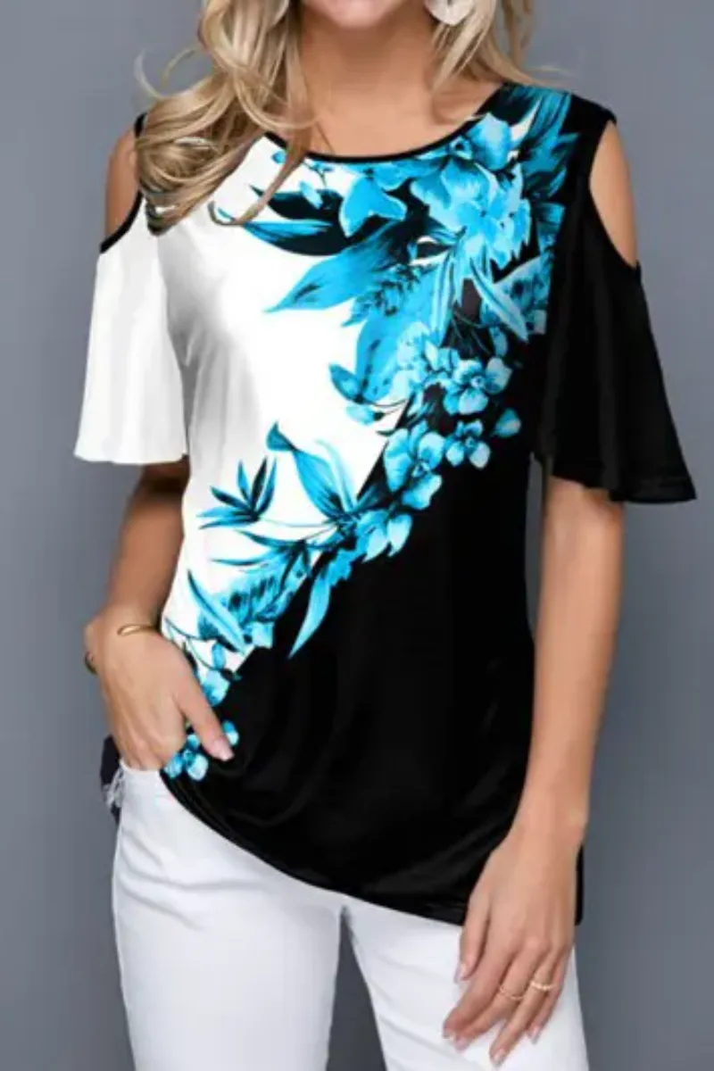 Leaf Flower Print T Shirt Cold Shoulder Short Sleeve Summer Casual Tee