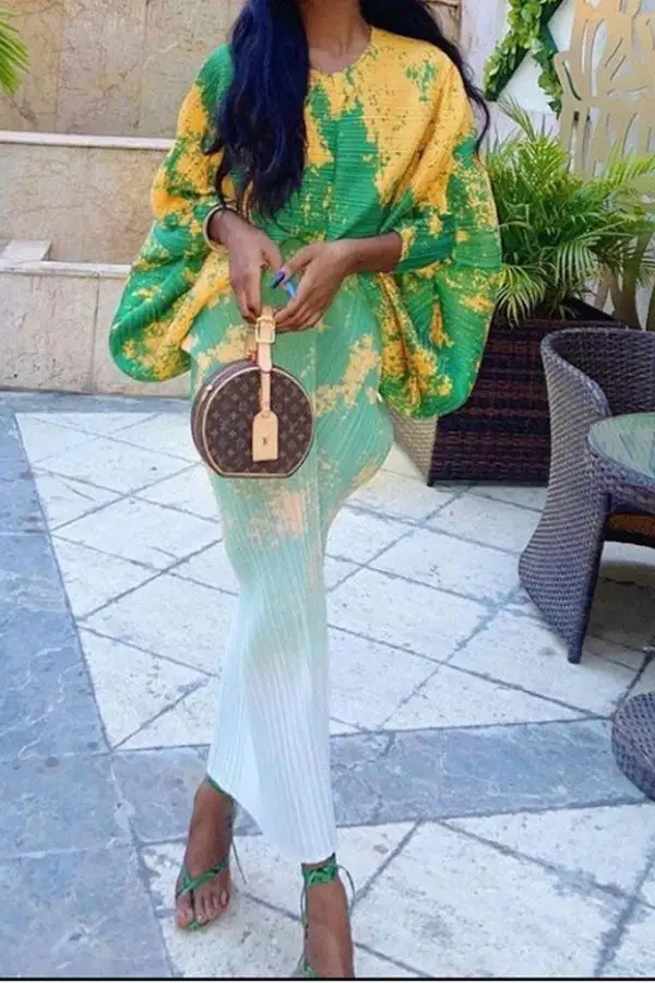 Abstract Print Stylish Batwing Sleeve Midi Dress