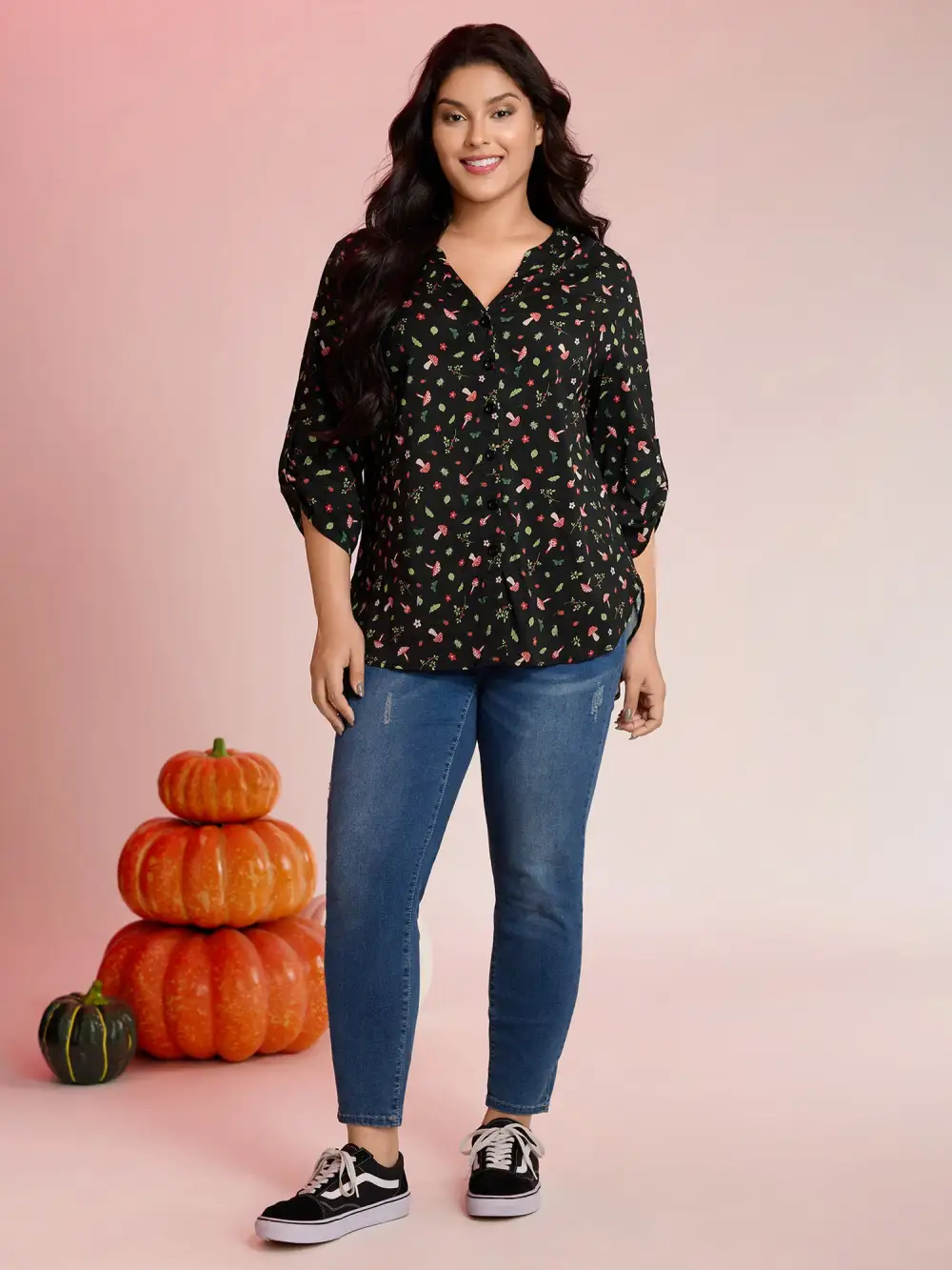 Mushroom Print Adjustable Sleeve Placket Blouse