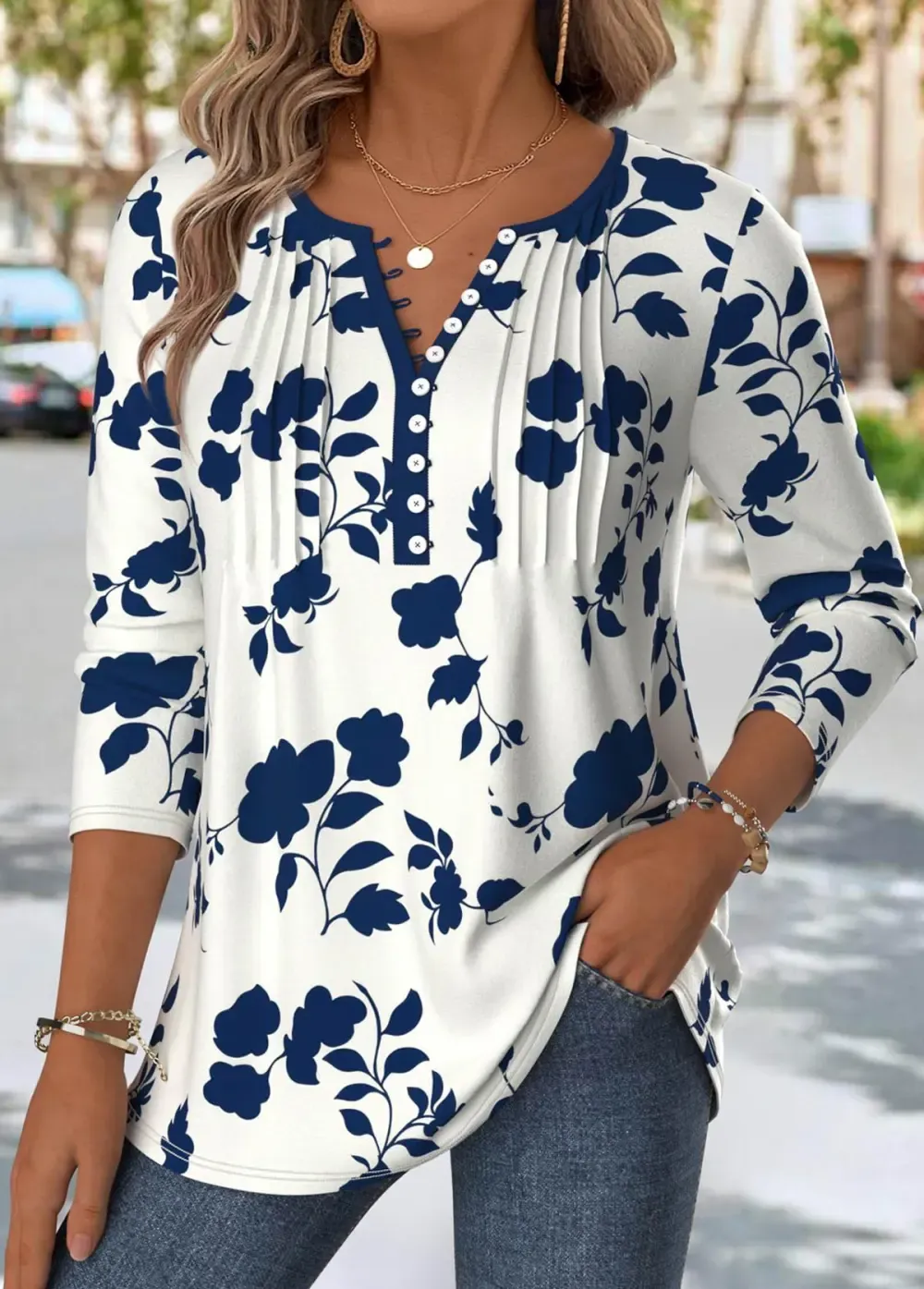 Navy Floral Print Long Sleeve Split Neck T Shirt