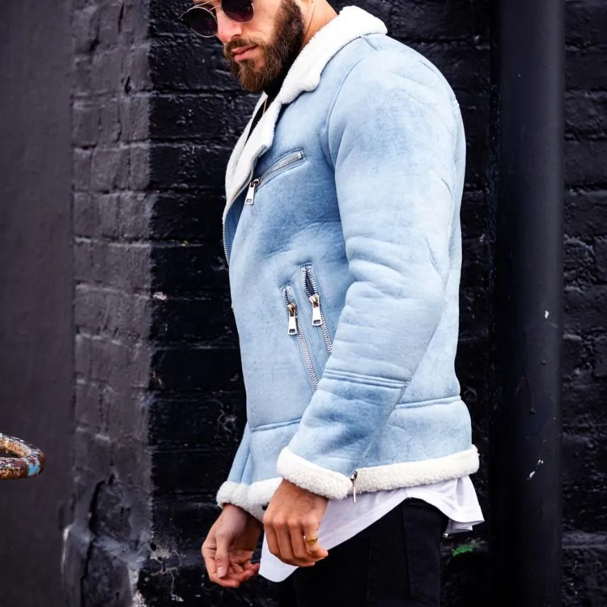 Heavy Cashmere Motorcycle Leather Jacket Light Blue