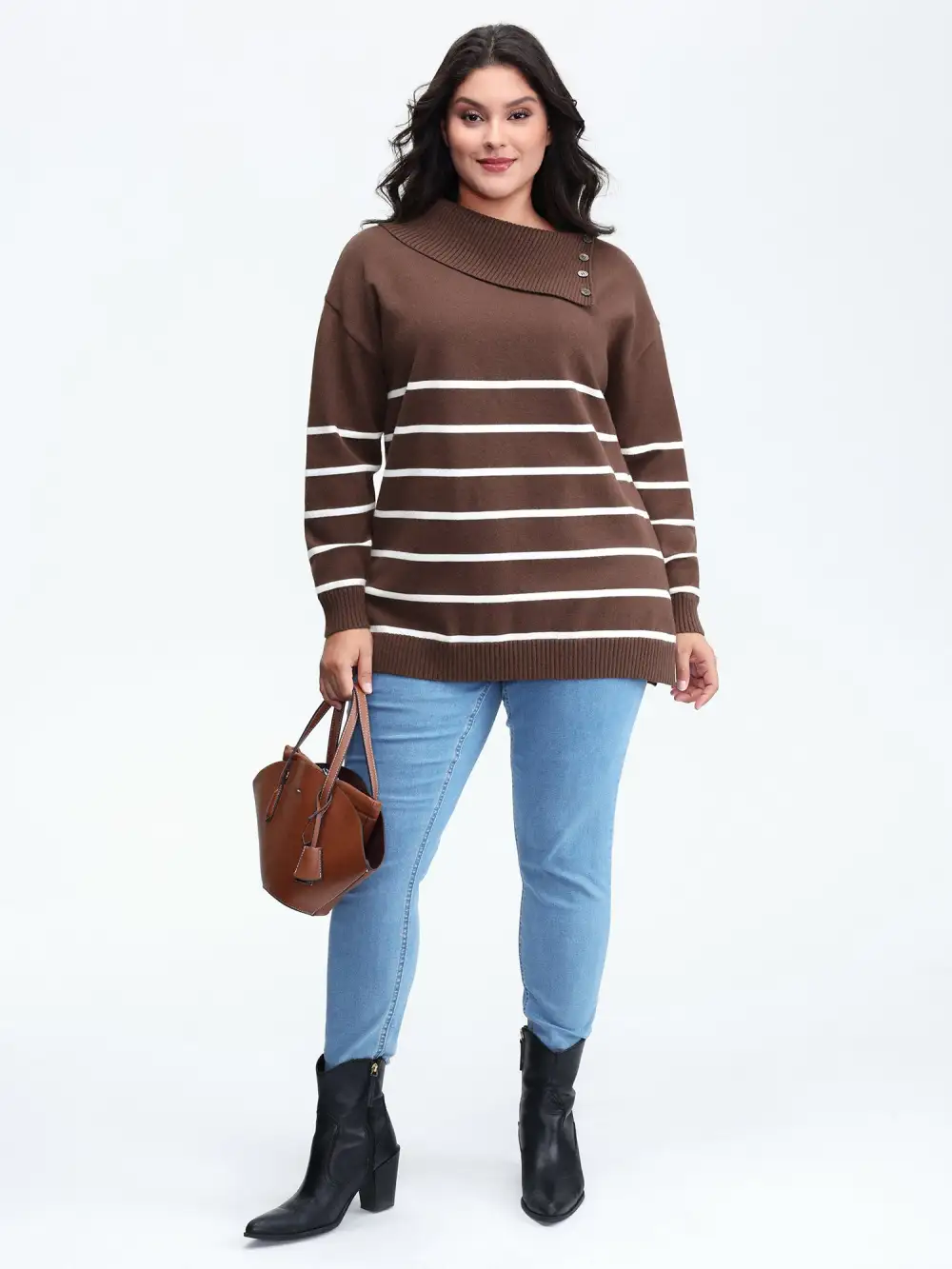 Supersoft Stripe Asymmetrical Collar Contrast Pullover