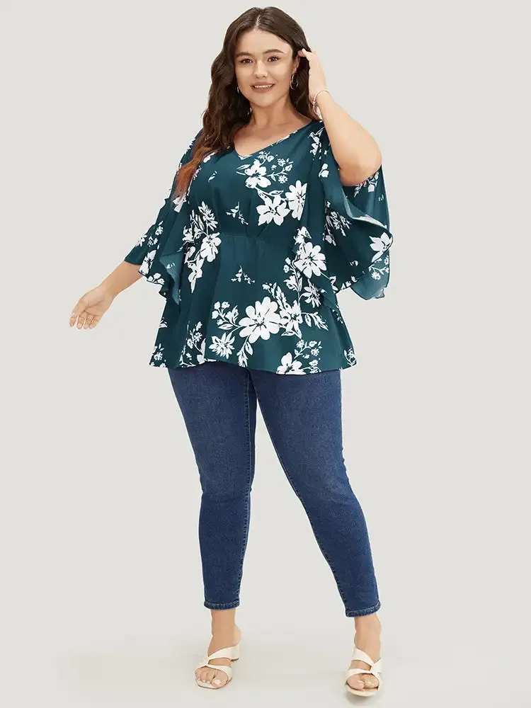 Floral Printed Plicated Detail Flutter Sleeve Blouse