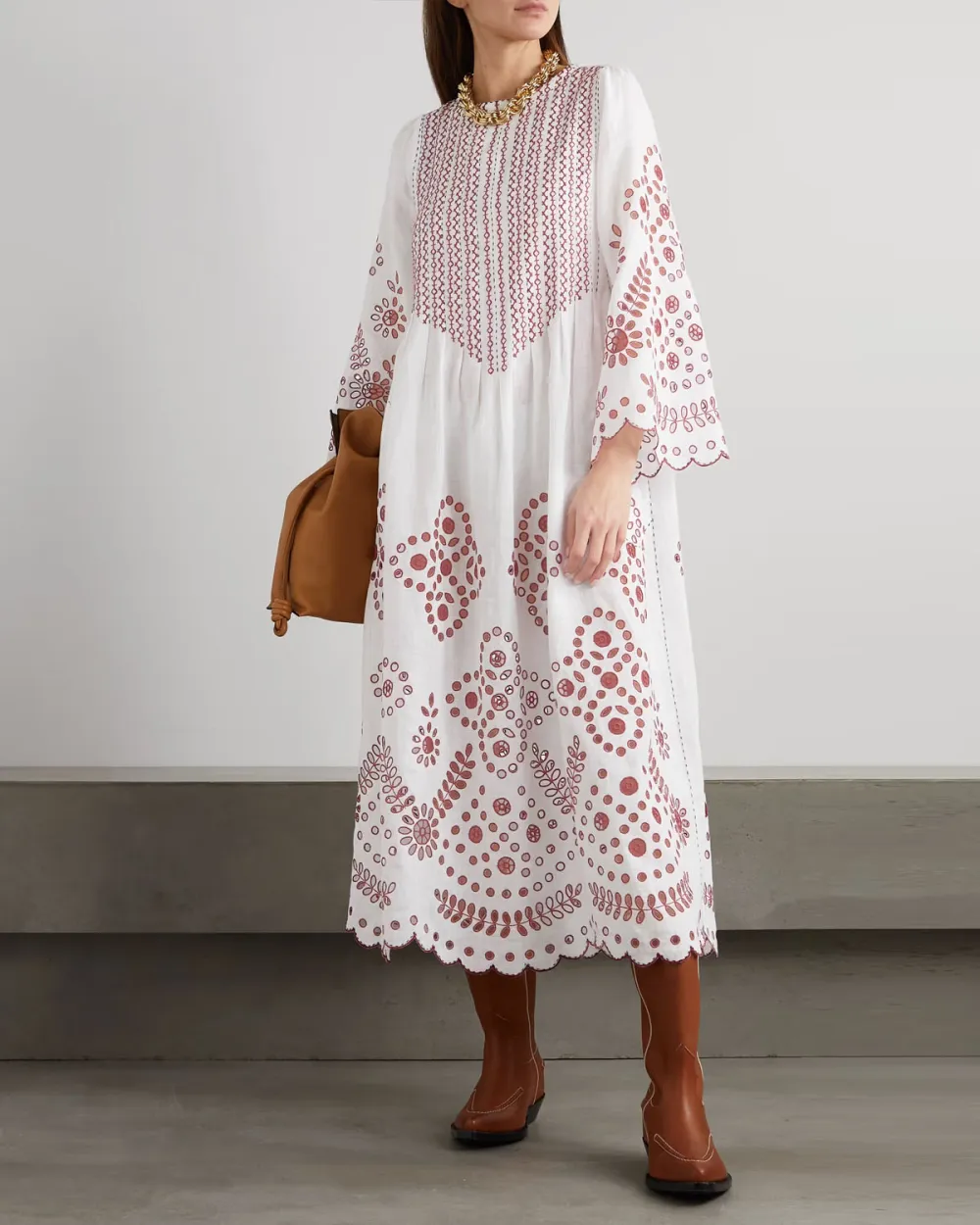 Luna embroidered broderie anglaise linen midi dress