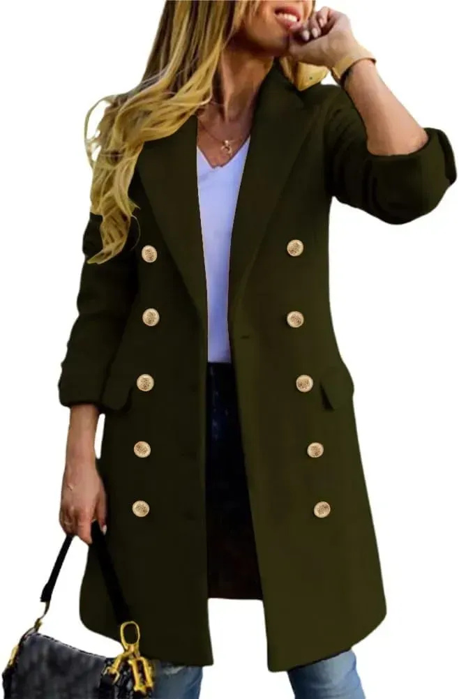 Womens Fall Winter Wool Coats Double Breasted Midi Peacoat Trench Coats