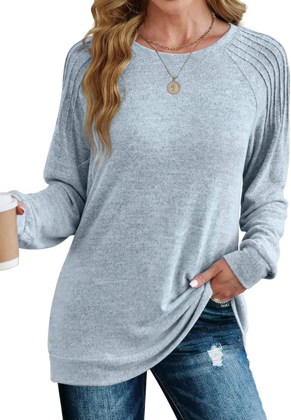 Sweatshirt for Women Crewneck Pleated Long Sleeve Shirts Tunic Tops Fashion 2024