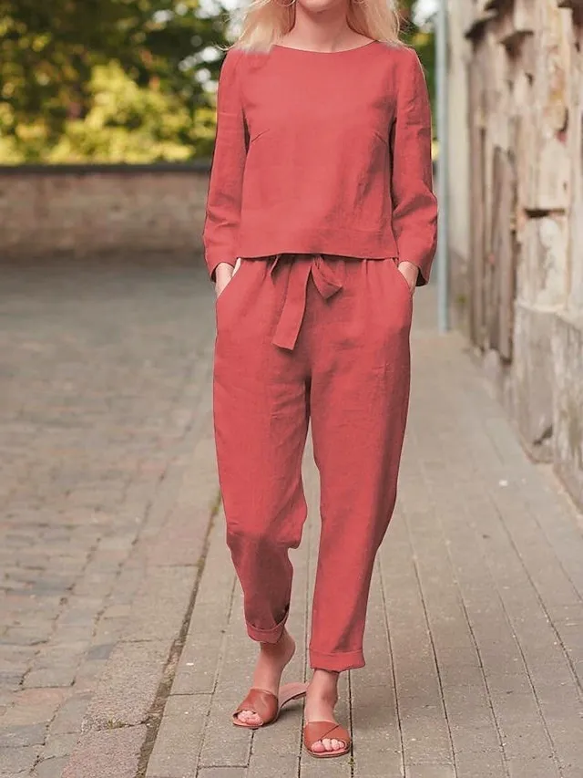 Women's Loungewear Sets Pure Color Simple Casual Comfort Home Daily Vacation Linen Breathable Crew Neck Long Sleeve Shirt Pant Pocket Summer Spring Black Red