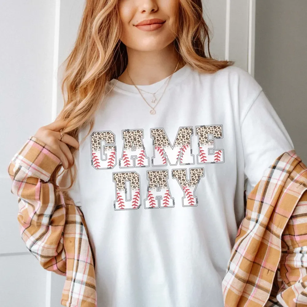 Baseball Game Day Printed Round Neck Short Sleeve T-Shirt