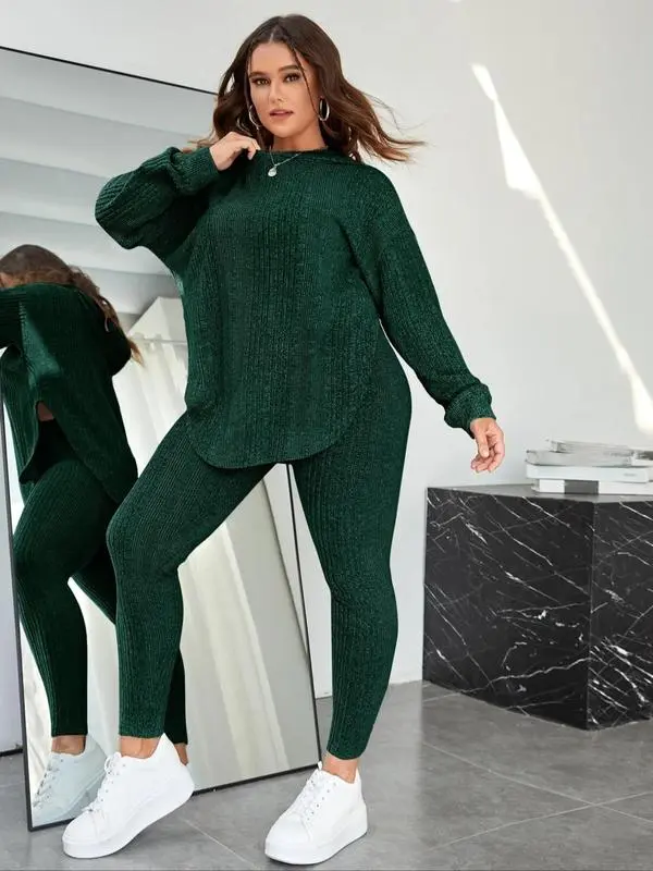 【Plus Size】 Plain Split Curved Hem Hoodie & Leggings Lounge Two-piece Set, Casual Fashion Cozy Breathable Two Piece Outfits for Daily Home Wear