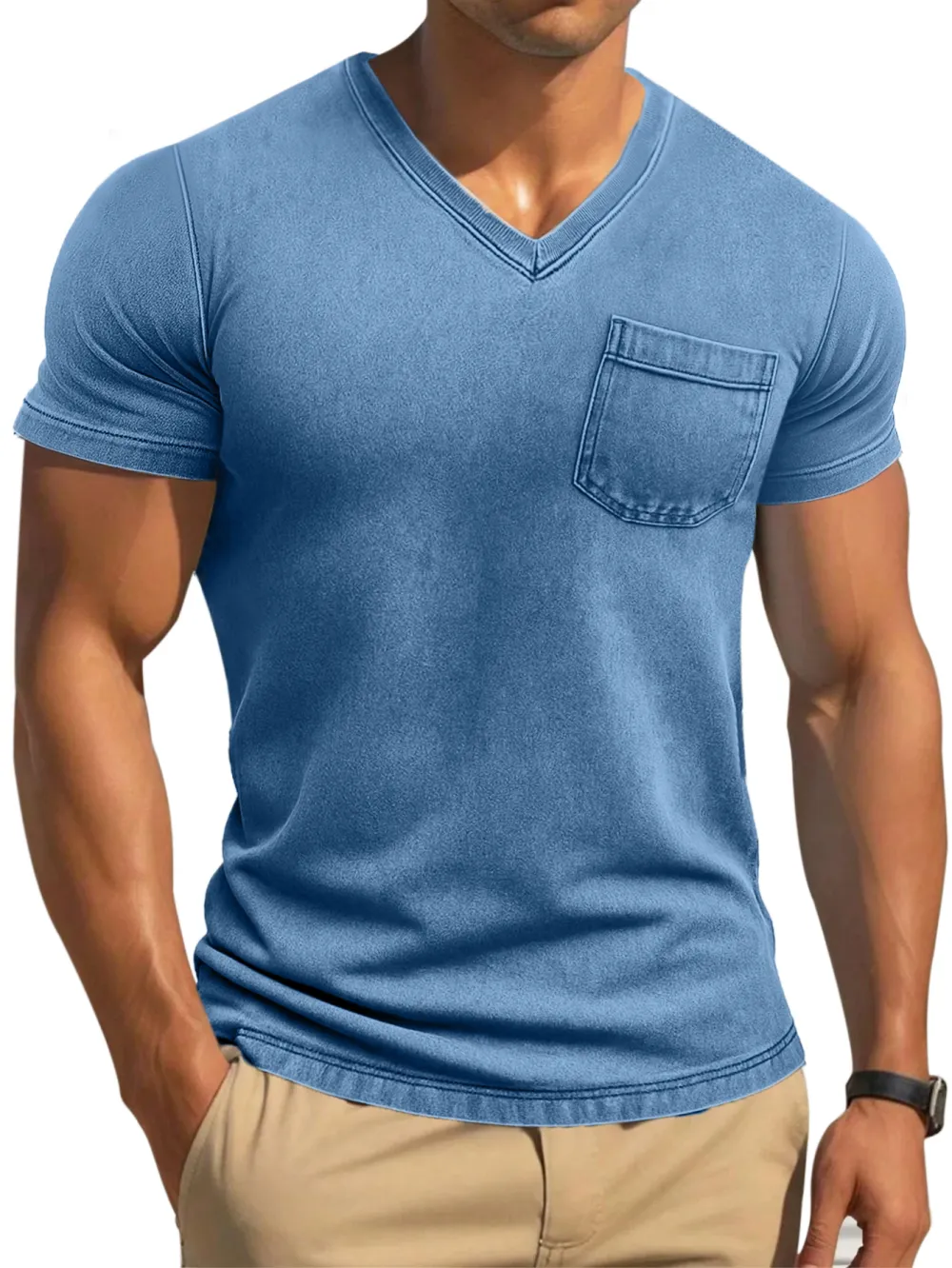 Men's Retro Solid Color Tight And Comfortable V-neck Short-sleeved T-shirt
