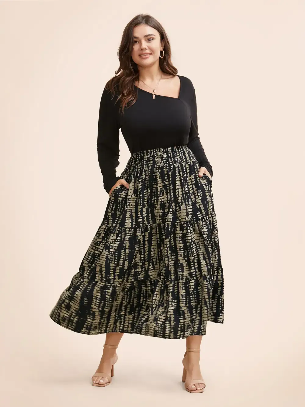 Geometric Shirred Ruffle Layered Hem Skirt