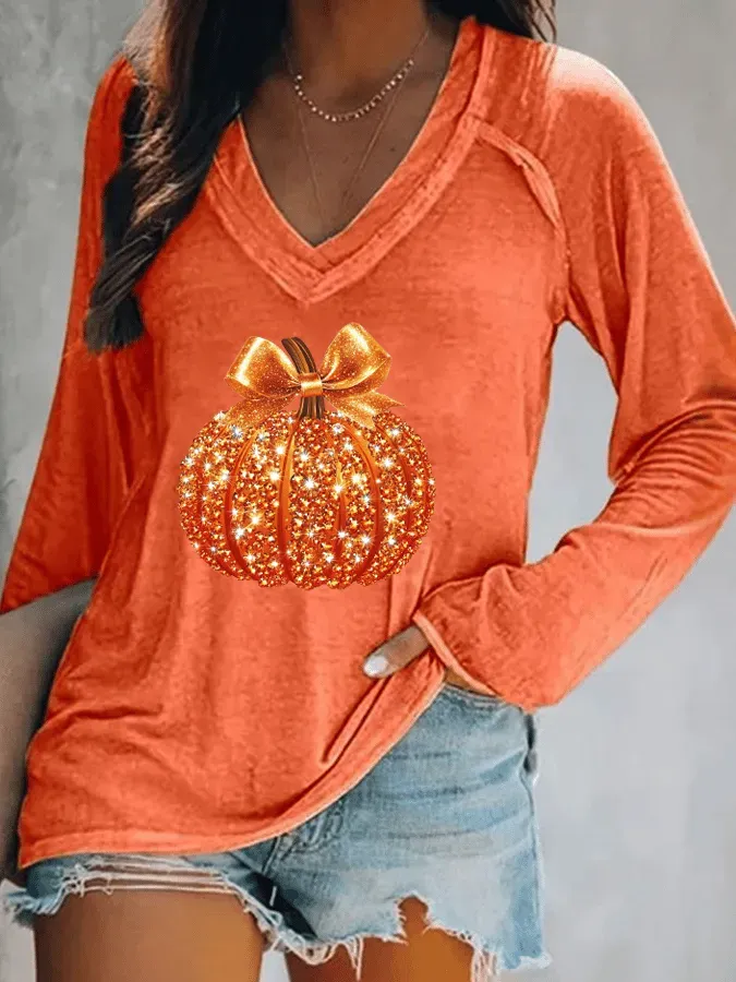Women's Autumn Sequin Pumpkin Print V-Neck T-Shirt