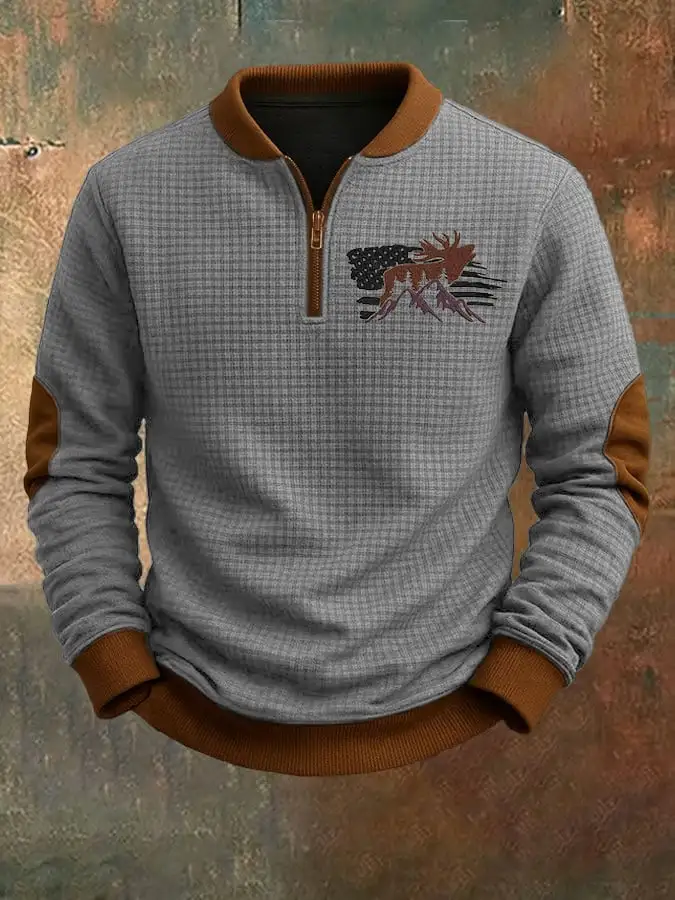 Men's Vintage Western Elk Print Jacquard Zip-Up Sweatshirt