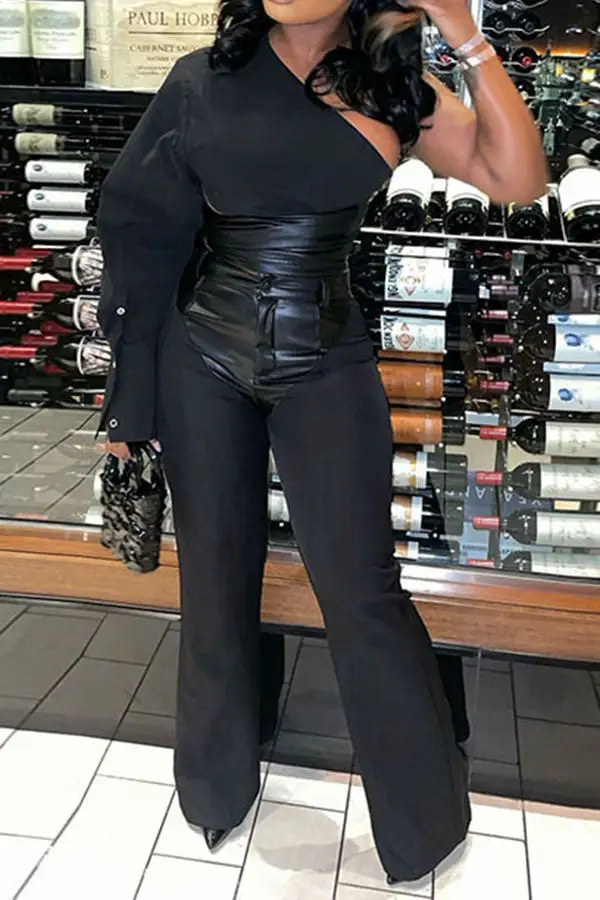 PU Patchwork Punk One Shoulder Pant Suit