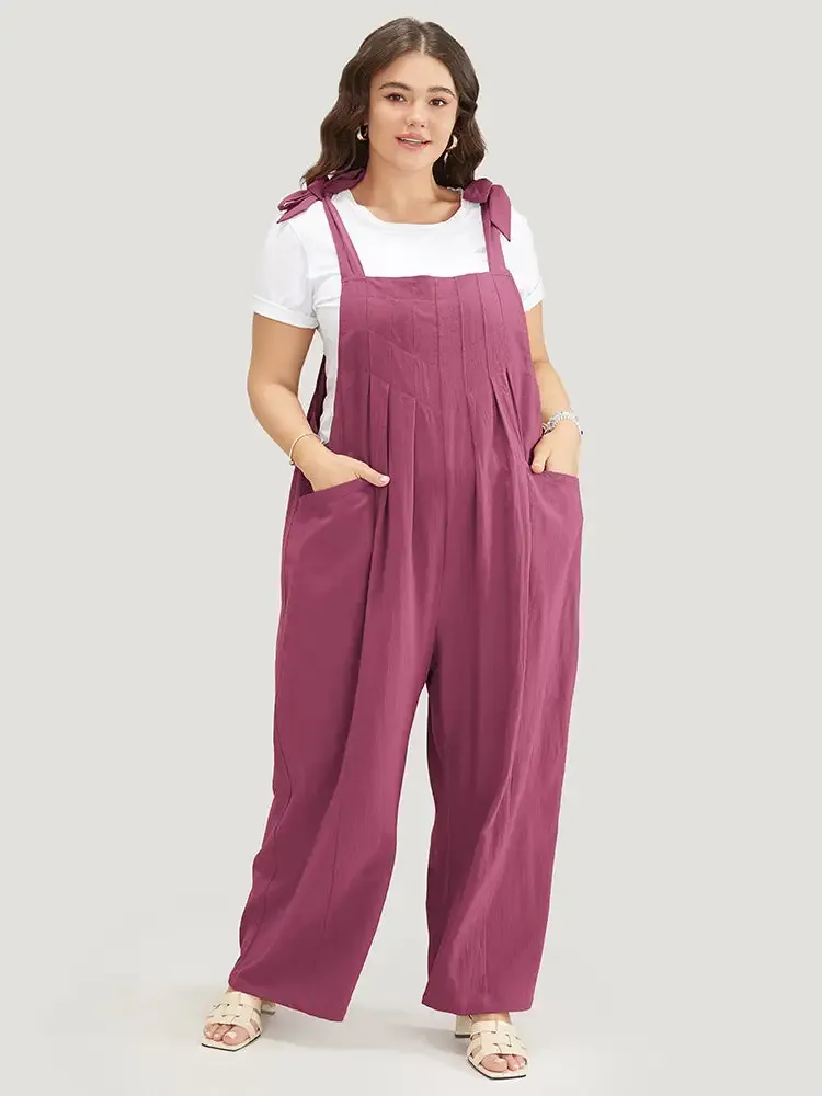 Solid Pleated Detail Pocket Knotted Shoulder Overall Jumpsuit