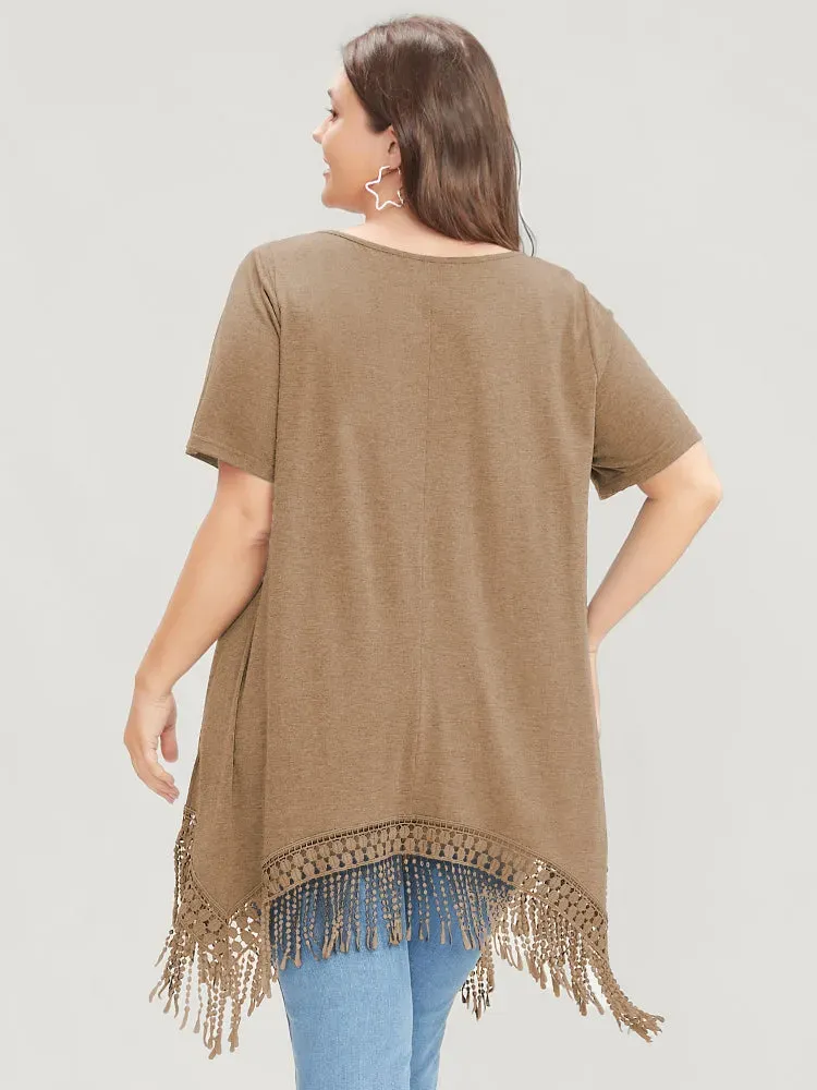 Solid Round Neck Lace Fringe Hem T-shirt