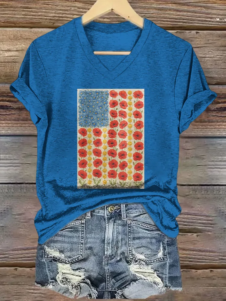 Women'S T-Shirt With Floral Pattern Printed Pure Cotton V-Neck Short-Sleeved T-Shirt