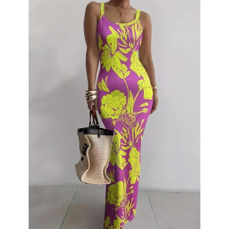 Women's Sleeveless Bodycon Maxi Dress – Printed Summer Beachwear