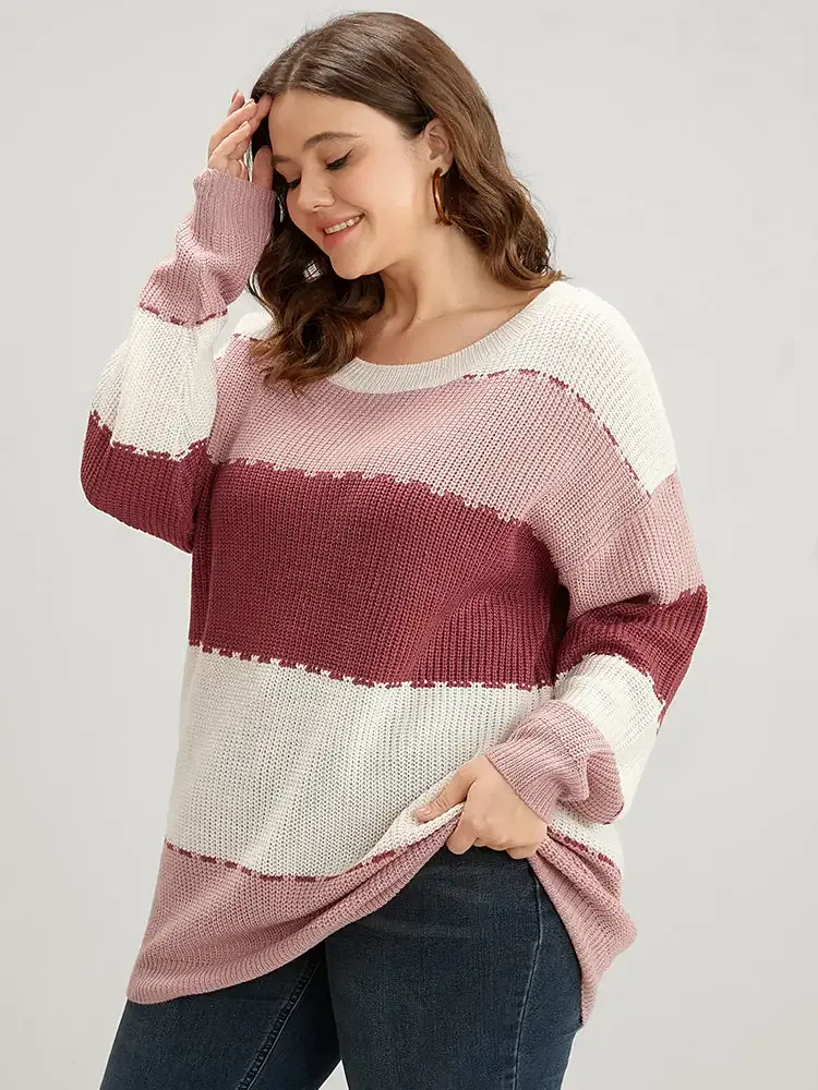 Colorblock Contrast Pointelle Knit Crew Neck Knit Top