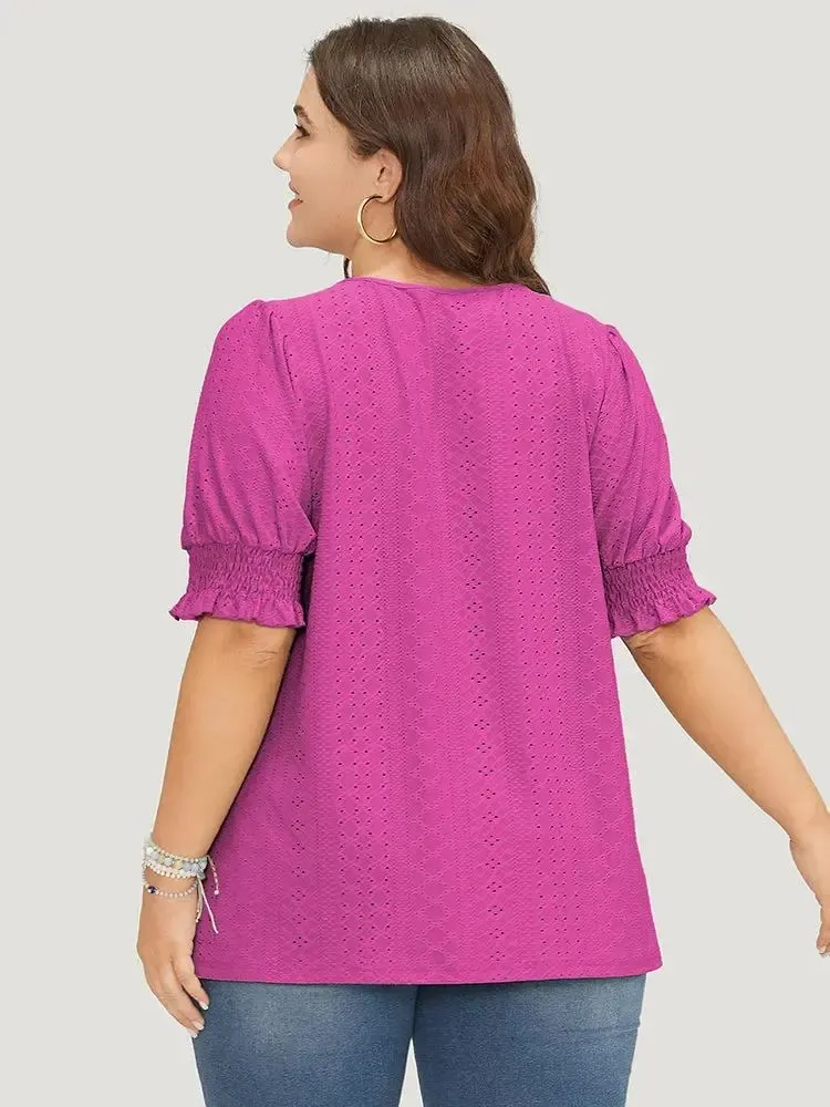 Plain Broderie Anglaise Shirred Puff Sleeve Button Detail T-shirt