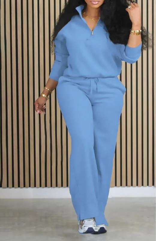 Women's Solid Half Placket Split Hem Pants Set