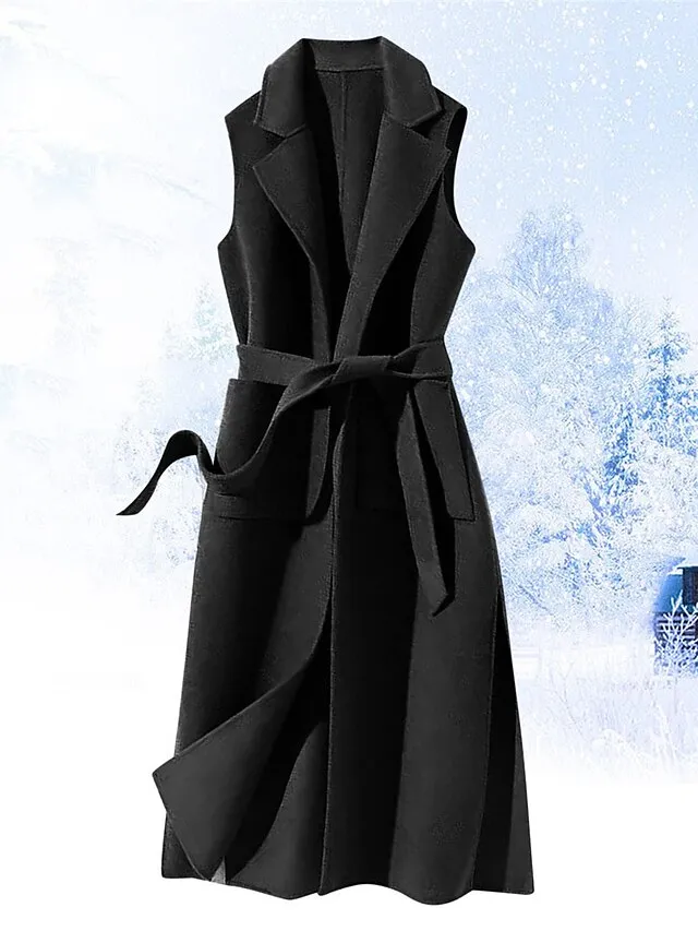 Women's Vest Winter Sleeveless Overcoat Long Pea Coat Fall Trench Coat with Belt Office Casual / Daily Fashion OuterwearBlack S