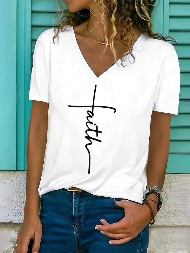 Women's T shirt Tee Black White Gray Graphic Letter Print Short Sleeve Daily Weekend Daily Basic Casual V Neck Regular S