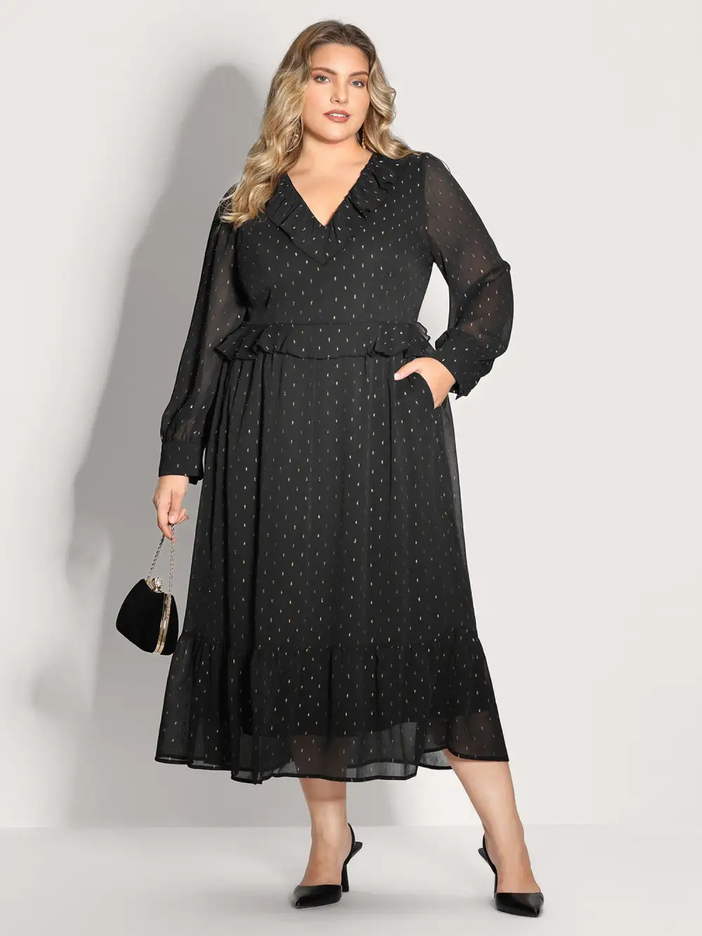 Gold Stamp Ruffled Neck Maxi Dress