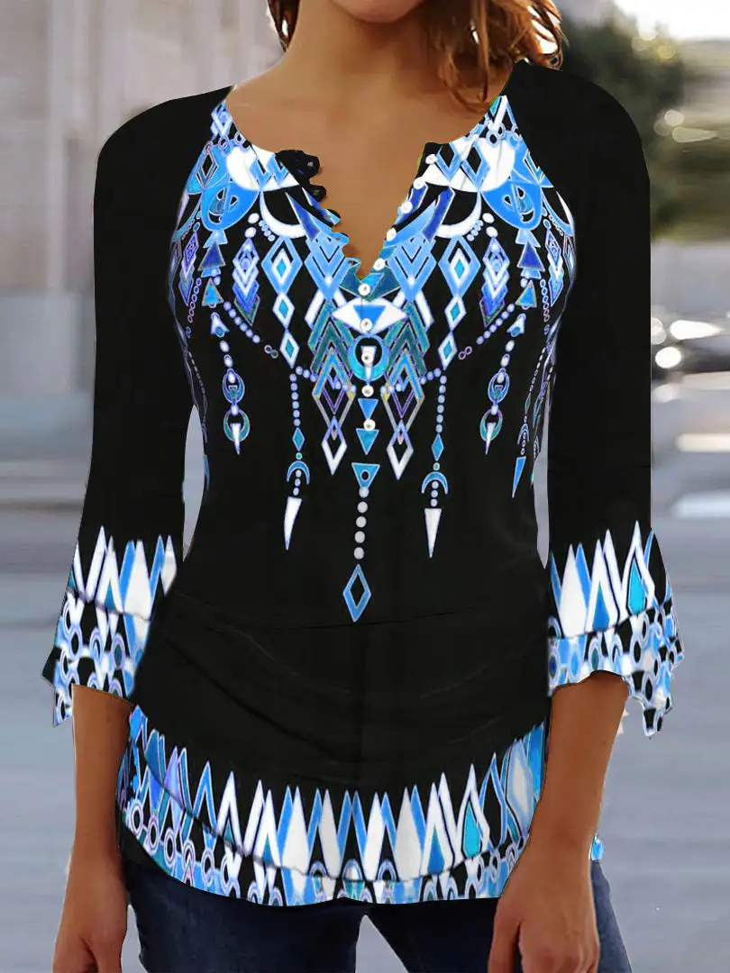 Women's Graphic Printed 3/4 Sleeve V-neck Top