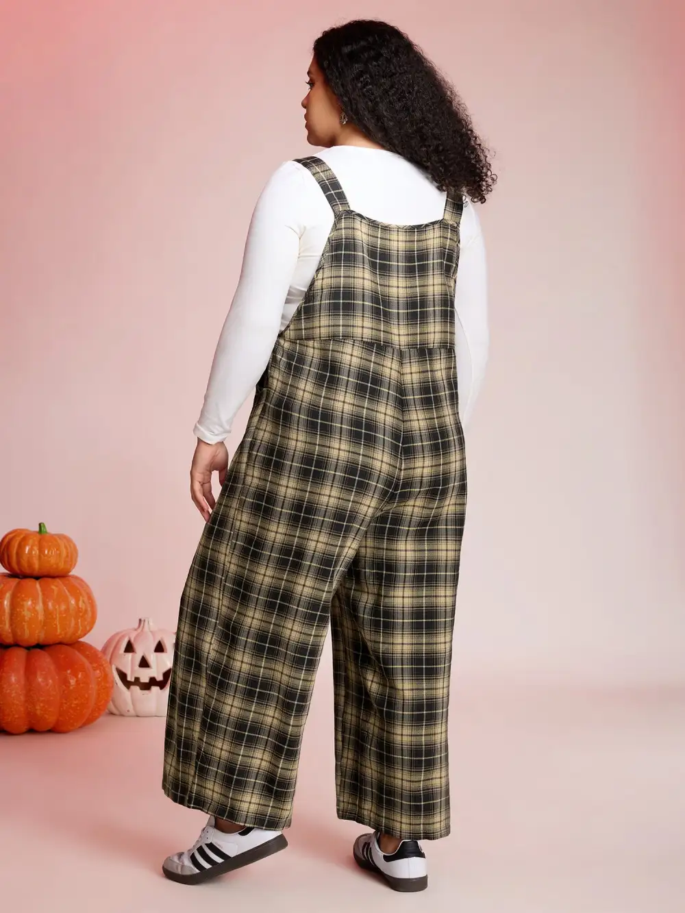 Plaid Print Moon Motif Pockets Jumpsuit
