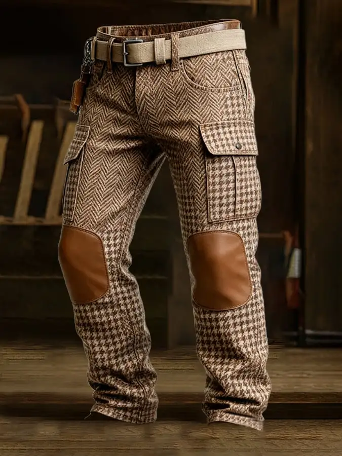 Men's Retro Herringbone Houndstooth Pattern Multi-Function Pocket Work Pants