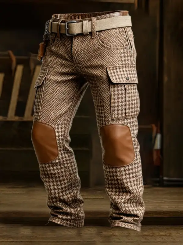 Men's Retro Herringbone Houndstooth Pattern Multi-Function Pocket Work Pants