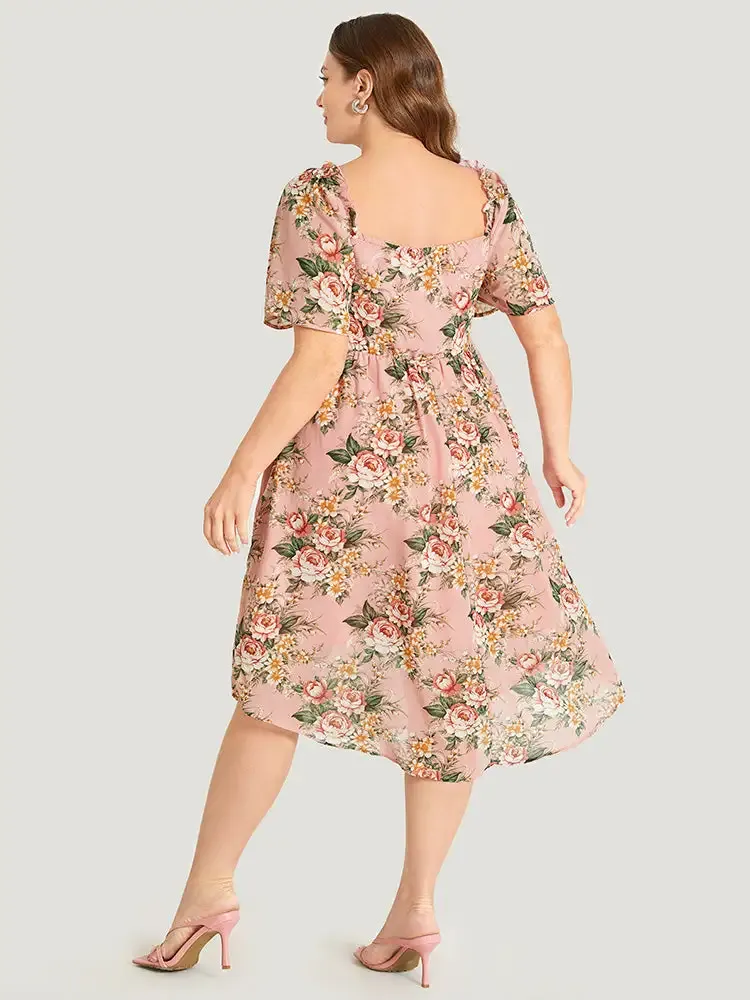 Floral Print Ruched Pocket Frill Trim Ruffle Arc Hem Dress
