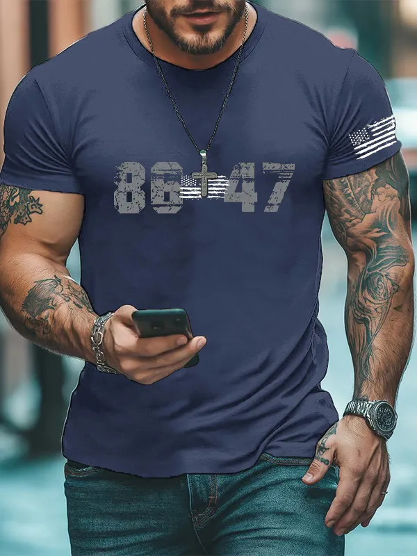 Men'S T-Shirt Men'S Retro 8647 Print Casual Round Neck T-Shirt