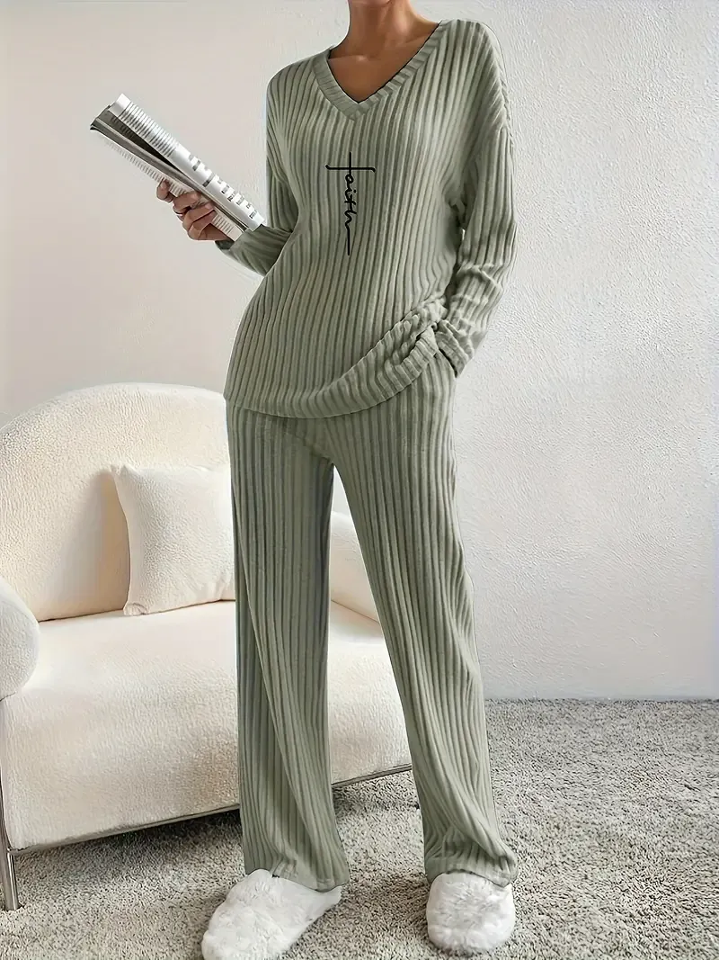 Women's Faith-Inspired Ribbed Two-Piece Set - V Neck Long Sleeve Top & Comfy Pants - Chic Spring & Fall Casual Outfits