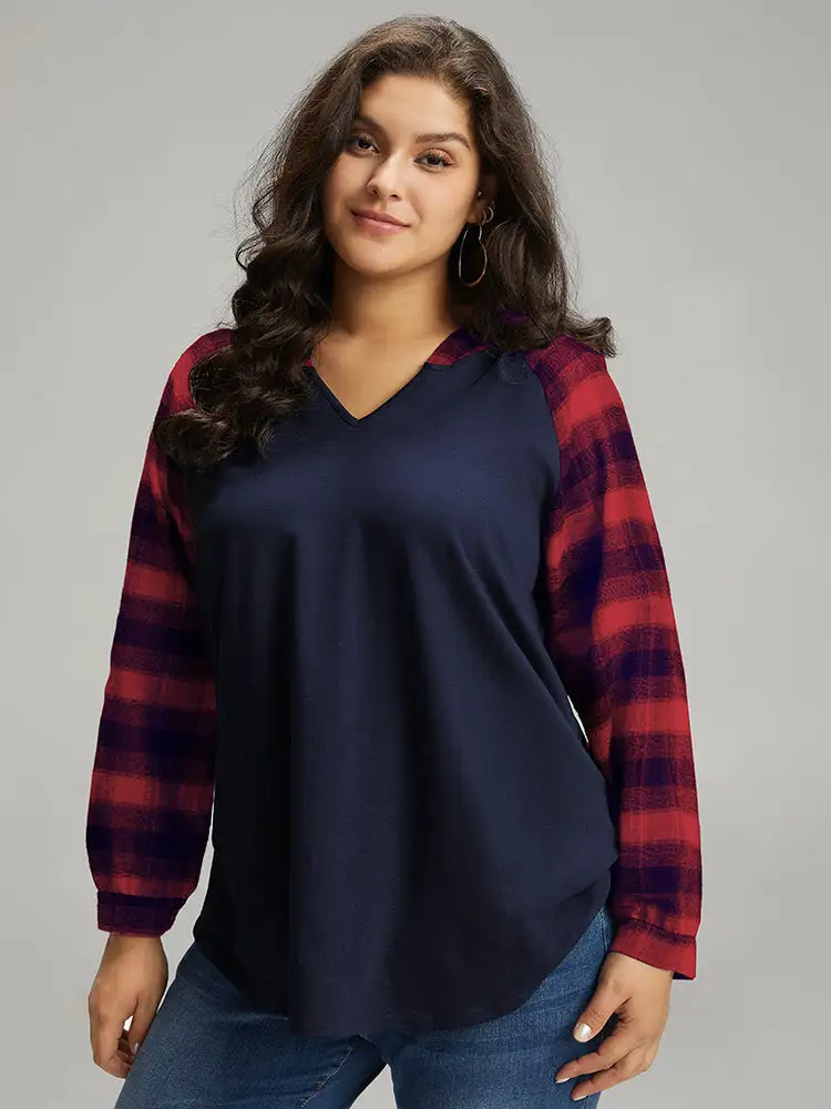 Plaid Print Hooded Patchwork Sweatshirt