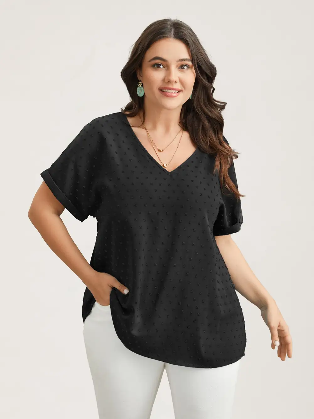 Back-Button Textured V-Neck Shirt