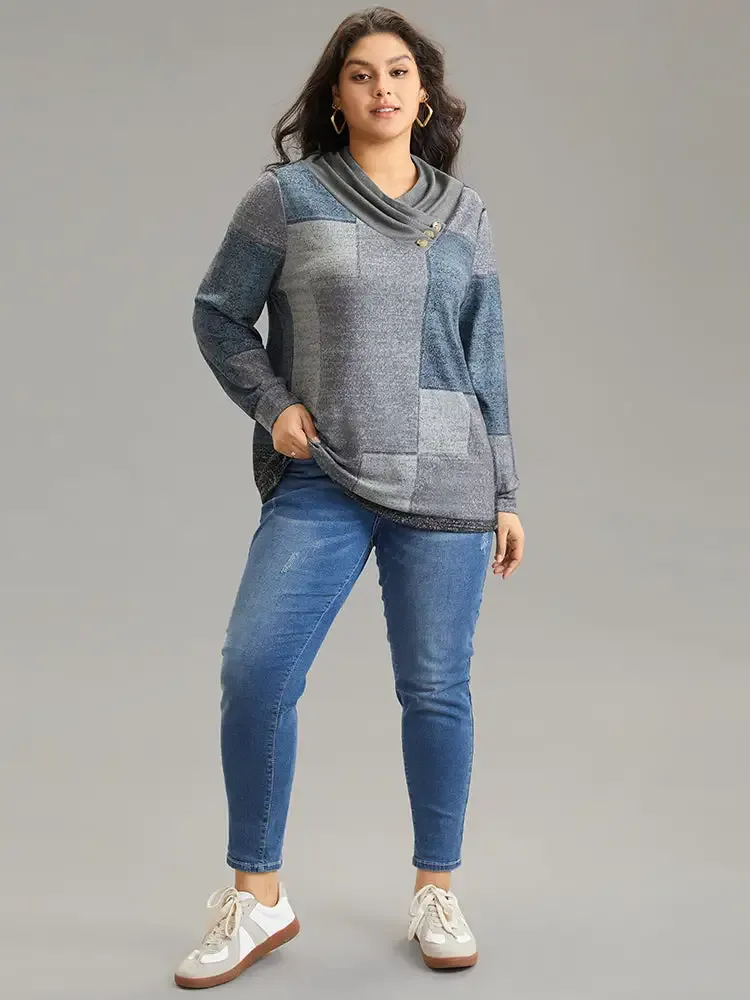 Asymmetrical Colorblock Button Detail Pleated T-Shirt