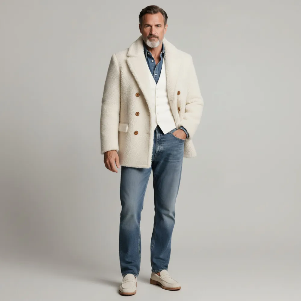 Men's White Teddy Fleece Lapel Collar Long Sleeve Double Breasted Blazer