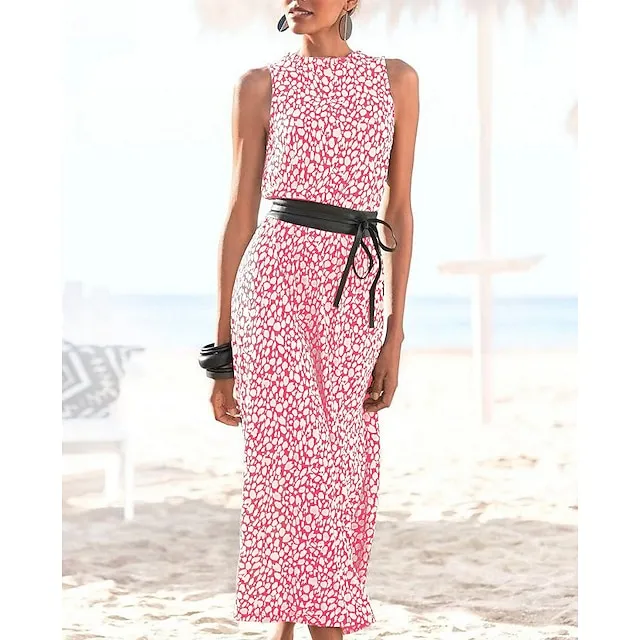 Women‘s Sheath Dress Midi Dress Khaki Sleeveless Color Block Leopard Ruched Print Spring Summer Crew Neck Stylish Elegant 2023 XXL