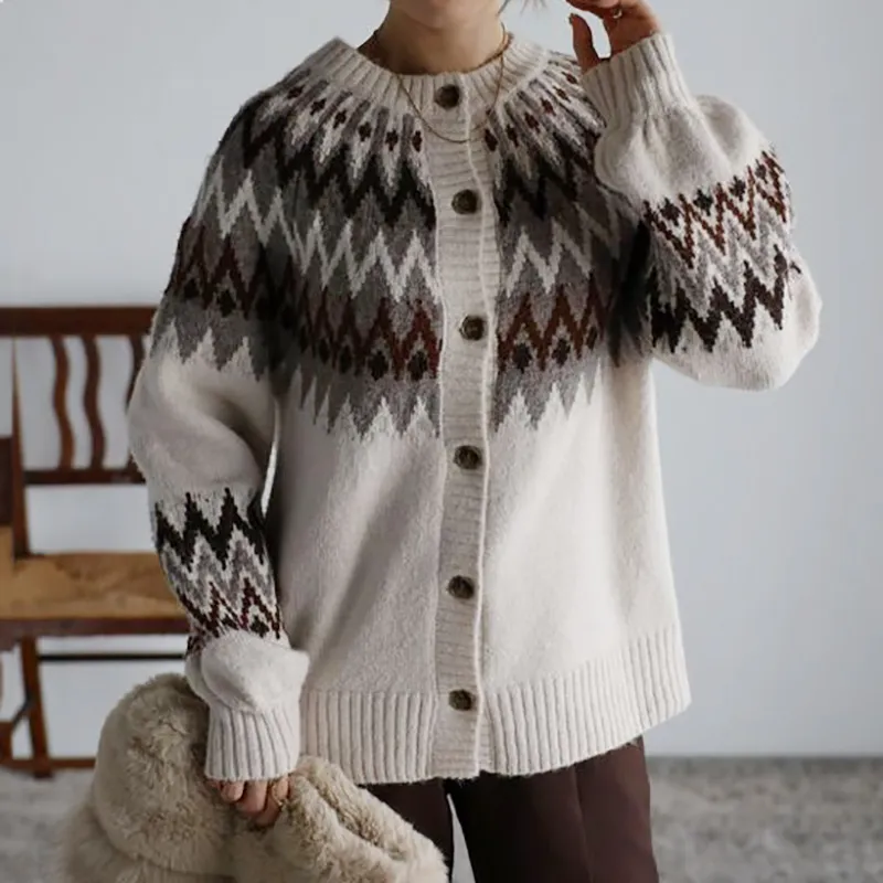 Geometric Contrast Jacquard Button Wool Cardigan