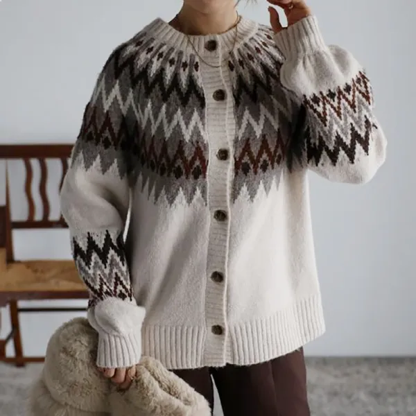 Geometric Contrast Jacquard Button Wool Cardigan