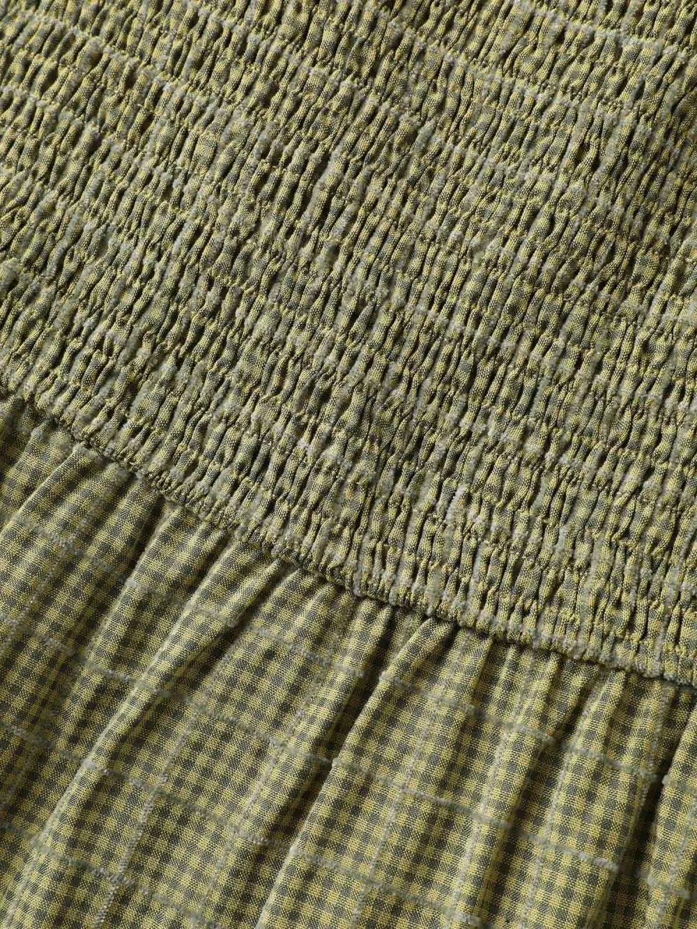 Plaid Shirred Lace Trim Tiered Maxi Dress