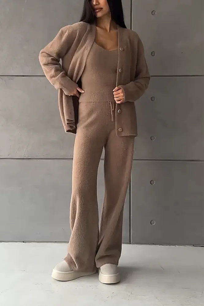 Women's Solid Color Warm Tank Top Pants 3-Piece Set Pants