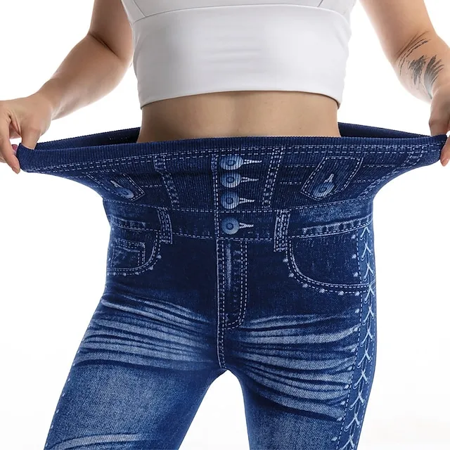 Women's Tights Pants Trousers Full Length Faux Denim Stretchy High Waist Fashion Casual Weekend Black Blue S M