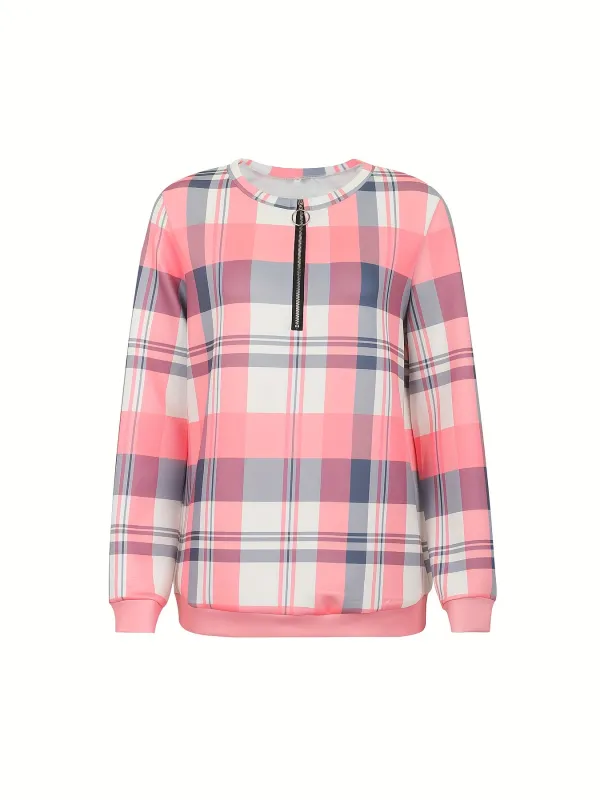 Trendy Plaid Zipper Sweatshirt - Long Sleeve Casual Pullover with Fashionable Zip Detail
