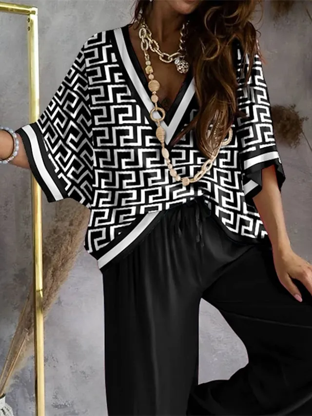 Women's Loungewear Sets Nighty 2 Pieces Geometic Simple Comfort Home Daily Going out Polyester Breathable V Wire Half Sleeve Shirt Pant Fall Spring Khaki White