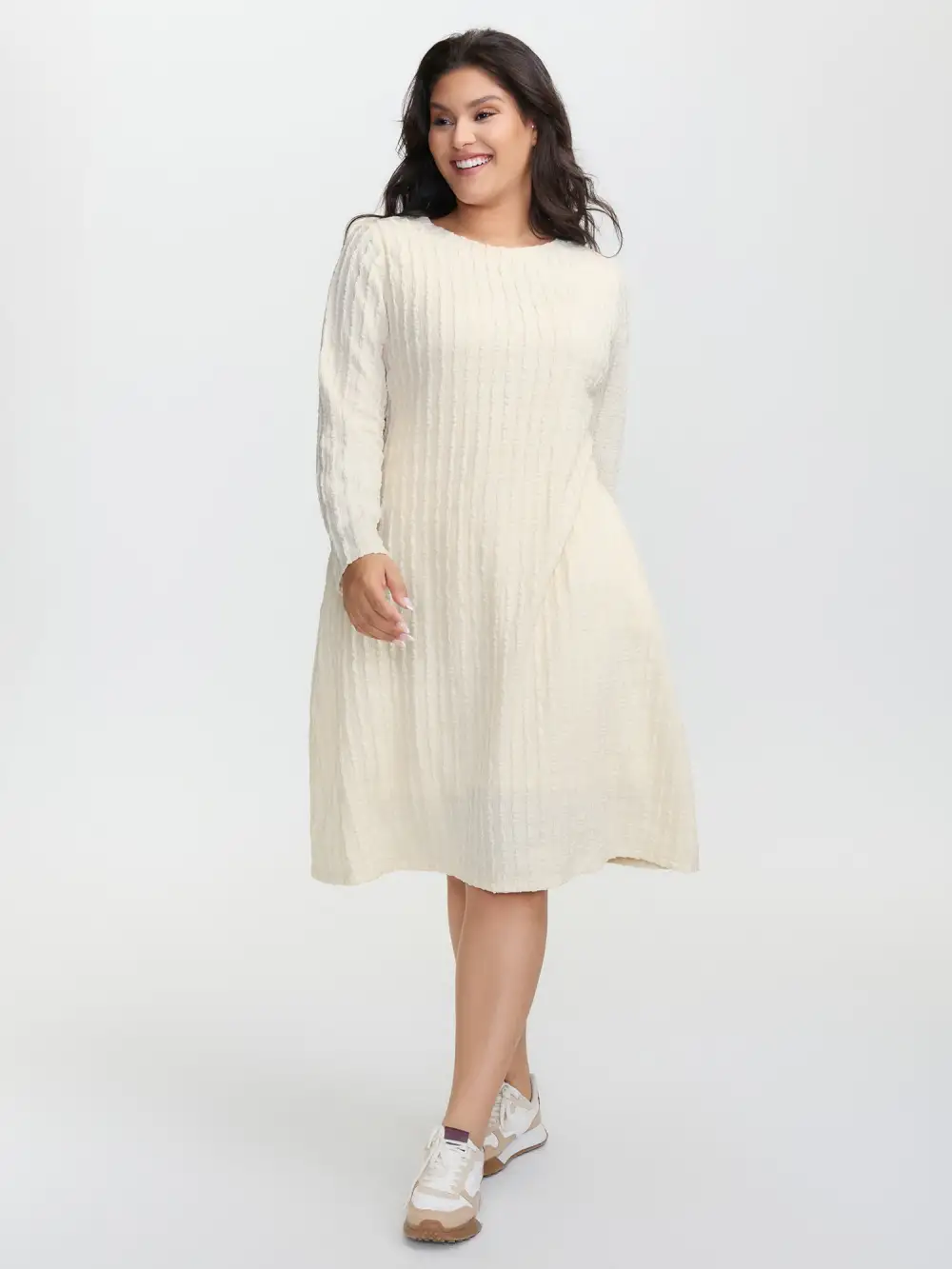 Textured Waist-Tie Stretchy Midi Dress