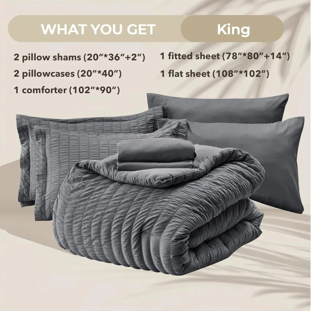 Queen Comforter Set Seersucker 7 Pieces, All Season Luxury Bed in a Bag for Bedroom, Bedding Set with Comforters, Sheets, Pillowcases & Shams, Dark Grey