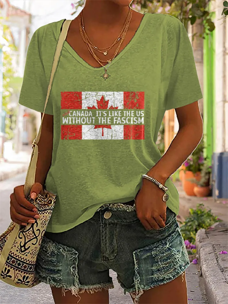 Women's Visit Canada It'S Like The Us Without The Fascism Short Sleeves V-Neck Pure Cotton T-Shirt